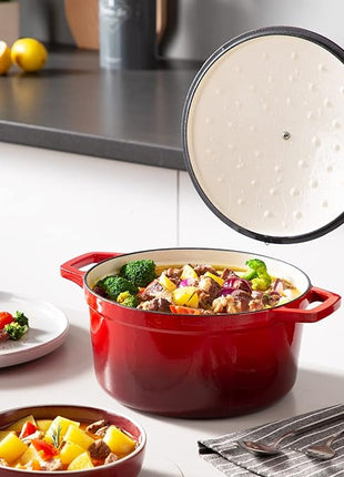 vancasso 6 QT Enameled Cast Iron Dutch Oven with Lid, Dual Handles for Bread Baking, Heavy-duty Round Dutch Oven, Non Stick Coating, All Heat Source, Red