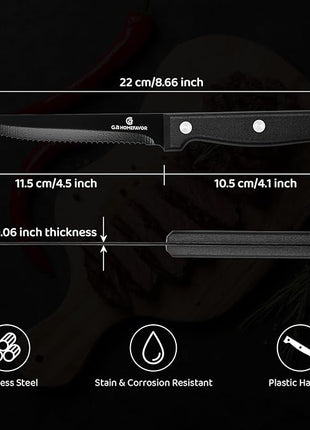 G.a HOMEFAVOR Steak Knife Set: 8-Piece Stainless Steel Sharp Serrated Knives Set with PP Handle for Kitchen, Full Black