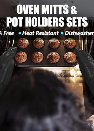 Rorecay 6pcs Oven Mitts and Pot Holders Sets Heat Resistant 500 Degrees, Extra Long and Non-Slip Silicone Oven Gloves Potholders Hot Pads for Kitchen Baking Cooking, Quilted Liner, Black