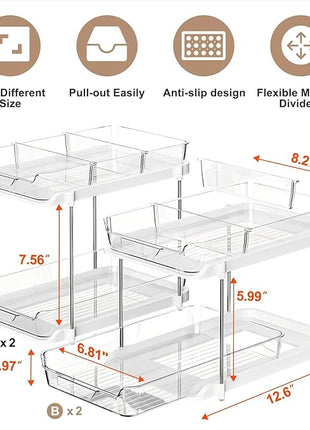 Delamu 2-Tier Multi-Purpose Bathroom Under Sink Organizers and Storage, Stackable Kitchen Pantry Organization, Pull Out Medicine Cabinet Organizer with Movable Dividers, White, 4Pack