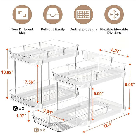 Delamu 2-Tier Multi-Purpose Bathroom Under Sink Organizers and Storage, Stackable Kitchen Pantry Organization, Pull Out Medicine Cabinet Organizer with Movable Dividers, White, 4Pack