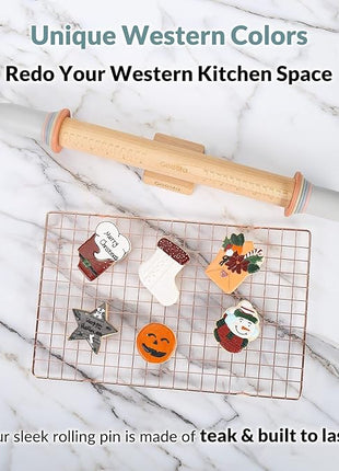 Geesta Adjustable Wood Rolling Pin with 5 Thickness Rings, Precise Dough Roller Handle Press Design with Measurement Guide for Fondant, Pizza, Pie Crust, Cookie, Pastry Baking Decorating Accessories