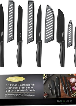 Kitchen Knife Set, KYA38 12-Piece Kitchen Knives Set with Covers, Marco Almond® 6 Knives with 6 Blade Guards, Stainless Steel Cooking Knives Set for Kitchen, Black
