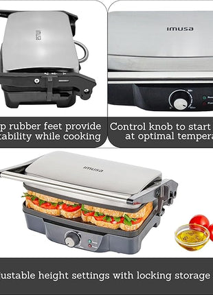 IMUSA Stainless Steel Panini Press Electric with Adjustable Temperature Settings and Nonstick Plates, 1200W