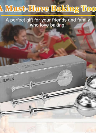 HULISEN Set of 2 Flour Duster for Baking, Powdered Sugar Shaker Duster, 18/8 Stainless Steel Pick Up and Dust Flour Sifter with Spring-operated Handle for Easy One-handed Operation