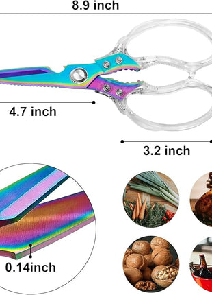 CGBE Kitchen Scissors, Multi-Purpose Kitchen Shears, Heavy Duty Dishwasher Safe Food Scissors for Chicken, Poultry, Fish, Meat & Herbs with Non-Slip Grips (Transparent Colorful)