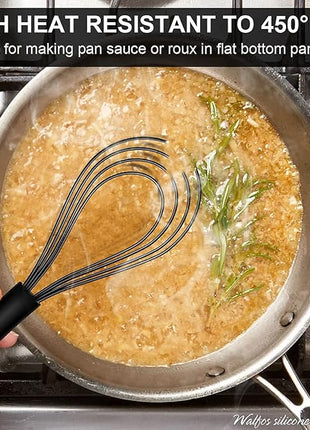Walfos Silicone Flat Whisk,11inch Flat Whisk Non Scratch Coated Flat Whisks for Cooking.Great for Ceramic Coated pans and Wider shallower pots.Black
