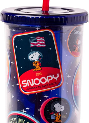 Silver Buffalo Peanuts Space Traveling Patches Featuing Snoopy Plastic Tall Cold Cup with Lid and Straw, 20 Ounces