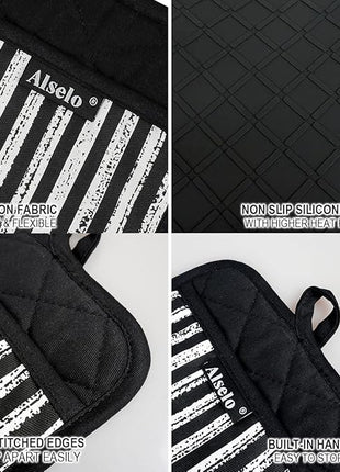 Silicone Pot Holders Set of 3 Heat Resistant & Non Slip Potholders, Professional Oven Hot Pads with Pockets Mitts for Kitchen Cooking Baking Barbecue (3, Black)