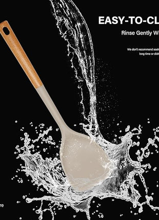 Silicone Cooking Utensils Set, Heat Resistance Large Kitchen Utensils Set with Long Wooden Handle, BPA-free Silicone Spatula, 6 Pcs Cooking Spoons for Non Stick Frying Pans and Pots(Khaki）