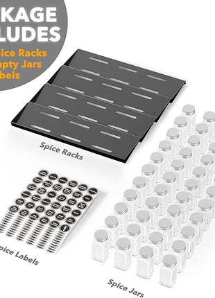 SpaceAid Spice Drawer Organizer with 44 Spice Jars, 386 Spice Labels, 4 Tier Seasoning Rack Tray Insert for Kitchen Drawers, 20.25" Wide x 17.5" Deep