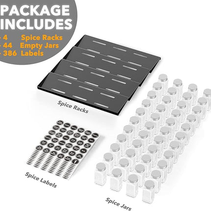 SpaceAid Spice Drawer Organizer with 44 Spice Jars, 386 Spice Labels, 4 Tier Seasoning Rack Tray Insert for Kitchen Drawers, 20.25" Wide x 17.5" Deep