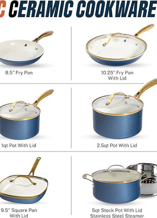 Gotham Steel 12 Pc Ceramic Cookware Set Nonstick, Ceramic Pots and Pans Set Non Stick with Steamer for Cooking, Non Toxic PFOA PFOS Free, Premium Stay Cool Handles, Oven & Dishwasher Safe