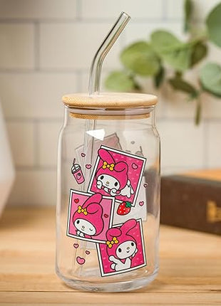 Silver Buffalo Sanrio Hello Kitty and Friends My Melody Polaroids Glass Jar Tumbler with Bamboo Lid and Glass Straw, 16 Ounces (Pack of 12)