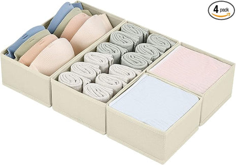 DIMJ Drawer Organizers Clothes, Set of 4 Dresser Organizer Bins, Fabric Closet Organizers and Storage, Shallow Drawer Dividers for Nursery, Clothing, Baby Clothes, Socks, Underwears, Tie (Beige)