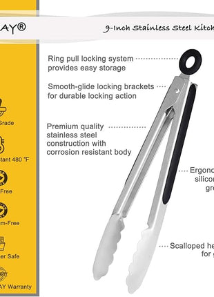 Stainless Steel Kitchen Tongs 9-Inch Cooking Tongs, Set of 3