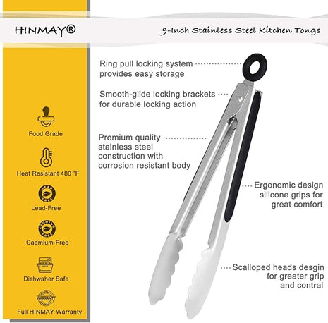 Stainless Steel Kitchen Tongs 9-Inch Cooking Tongs, Set of 3