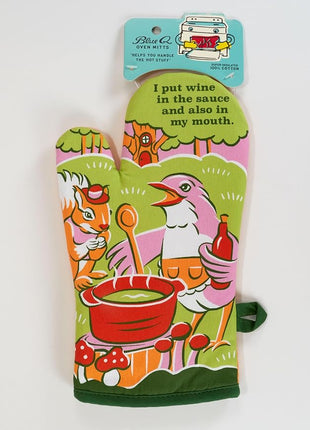 Blue Q I Put Wine in The Sauce Funny Oven Mitts - Cute Oven Mitts, Home Kitchen Gifts, Cooking Accessories, Super-Insulated Quilting, Comfy Natural-Fitting Shape, 100% Cotton, Size 12.5" L x 7.5" W