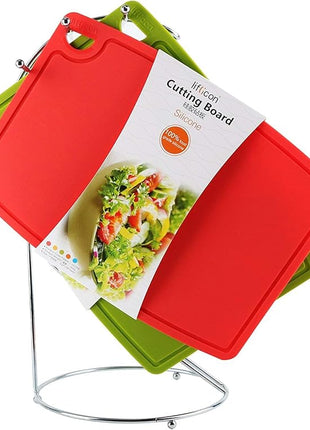 Liflicon Thick Cutting Boards for Kitchen Silicone Chopping Board Set of 2 Mid 12.6'' x 9.1”,Mini 9.1”x7.1” Non-slip Deep Drip Juice Groove Easy Grip Handle,Dishwasher Safe-Red