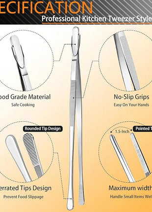 JETKONG 3 Pcs Kitchen Tweezers Tongs, Stainless Steel Cooking Tweezers, 8+10+12 Inch Ideal for meat, pasta, plating and pinching delicate small pieces of food (Silver)