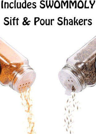 SWOMMOLY Spice Rack Organizer with 32 Glass Spice Jars, 396 Spice Labels, Chalk Marker and Funnel Complete Set, for Cabinet, Countertop, Cupboard or Wall Mount, Black