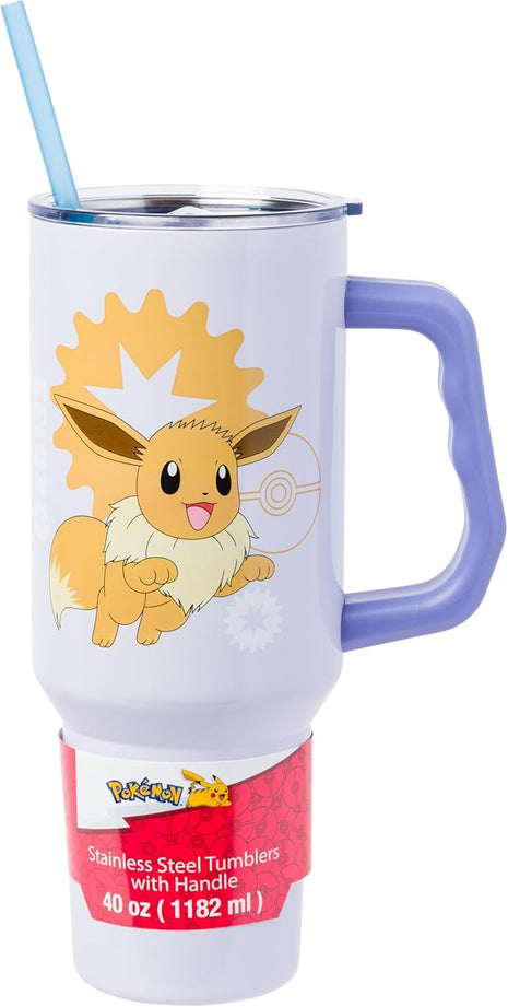 Silver Buffalo Pokémon Stainless Steel Tumbler with Handle Featuring Eevee, Fits in Standard Cup Holder, 40 Ounces