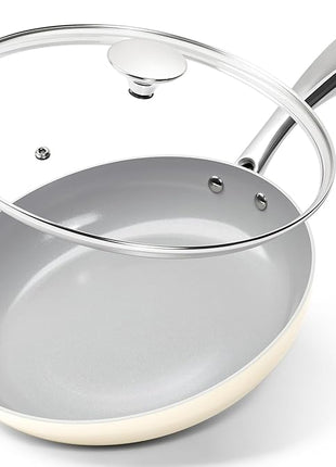 MICHELANGELO Non Stick Frying Pans - 10 Inch Frying Pan Nonstick with Lid, Nonstick Skillet with Lid, Non Toxic Frying Pan, Ceramic-Coated, Beige