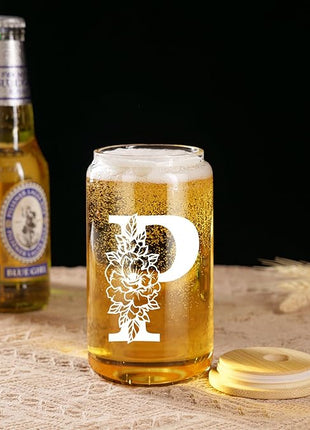 Coolife Initial Glass Cup, Monogrammed Gifts for Women, 16 oz Glass Cups w/Lids Straws, Iced Coffee Smoothie Beer Tumbler w/Straw Lid - Personalized Christmas, Birthday Gifts for Her Mom Friend Woman