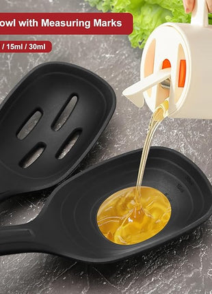 2 Pack Large Silicone Cooking Spoon with Measuring Mark, Premium Non-Stick Solid and Slotted Serving Spoons Set, Heat Resistant Kitchen Utensils for Mixing, Stirring, Scooping, Scraping