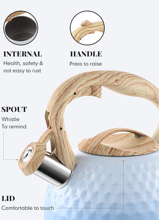 BELANKO 2.7 Quart Tea Kettle for Stovetop - Food Grade Stainless Steel with Diamond Texture, Designer Teapot Look, Cool-Touch Wood Pattern Handle, Whistling Spout - Gradient Blue