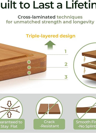 Bamboo Cutting Board, Durable Wood Cutting Boards for Kitchen with Deep Juice Grooves & Built-in Handles, Ideal Charcuterie & Chopping for Meat, Vegetables and Fruits Ideal Kitchen Gifts