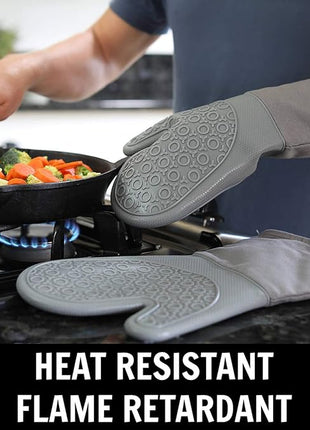 HOMWE Silicone Oven Mitts and Pot Holders, 4-Piece Set, Heavy Duty Cooking Gloves, Kitchen Counter Safe Trivet Mats, Advanced Heat Resistance, Non-Slip Textured Grip, Gray