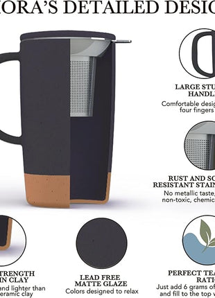 Mora Ceramics Large Tea Mug with Loose Leaf Infuser and Ceramic Lid, 18 oz, Portable, Microwave, Dishwasher Safe, Tall Coffee Cup - Rustic Matte Ceramic Glaze, Modern Herbal Tea Strainer, Nightwaves