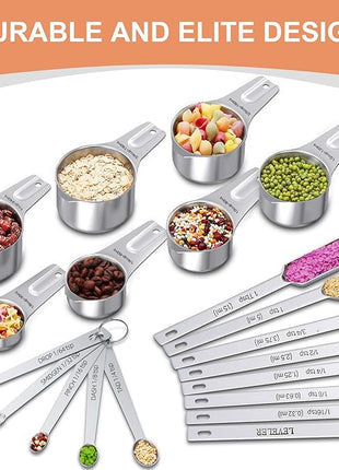 Measuring Cups and Spoons Set of 20, 7 Stainless Steel Nesting Measuring Cups & 7 Spoons, 1 + Leveler & 5 Mini Measuring Spoons for Cooking & Baking