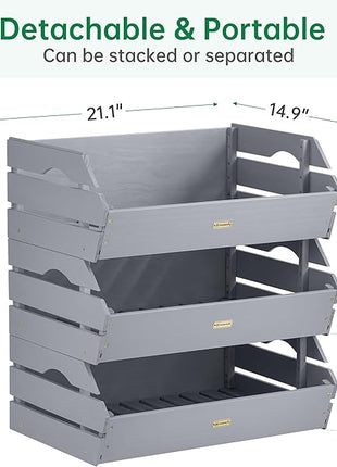 HABAU Wood Potato Onion Storage Bins - Wooden Stackable Produce Basket - Fruit Vegetable Storage for Kitchen Pantry Organization, Set 3 Pieces