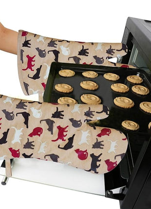 RED LMLDETA Oven Mitts Gloves 1 Pair Heat Resistant 480 ℉ Non Slip Clear Silicone Printed Comfortable Cotton Lining Kitchen Women Men Cooking Barbecue Microwave Machine Washable (Cat, Khaki Mittens)