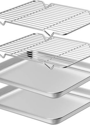 Wildone Baking Sheet with Rack Set [2 Sheets + 2 Racks], Stainless Steel Cookie Pan baking Tray with Cooling Rack, Size 12 x 10 x 1 Inch, Non Toxic & Heavy Duty & Easy Clean