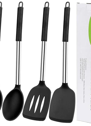 Silicone Spatula Spoon Set, 4 PCS Silicone Cooking Utensils Spatula Spoon Set with Stainless Steel Handle, BPA Free Kitchen Turners for Frying, Mixing, Serving, Draining, Turning, Stirring, Black