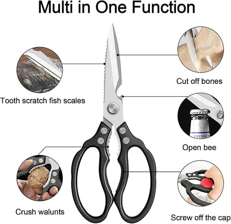 CGBE Kitchen Scissors All Purpose Heavy Duty, Ultra Sharp Stainless Steel Kitchen Shears Dishwasher Safe, Cooking Shears for Chicken, Poultry, Fish, Meat, Herbs & Grapes with Non-Slip Grips - Black