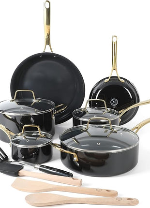 MARTHA STEWART 14 Piece Non-Stick Cookware Combo Set - Black w/Gold Handles