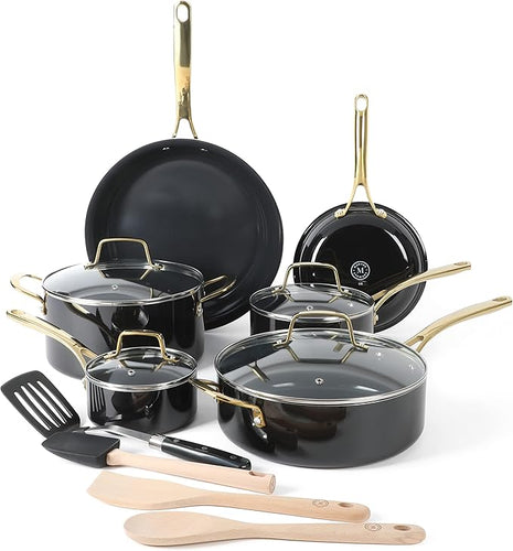 MARTHA STEWART 14 Piece Non-Stick Cookware Combo Set - Black w/Gold Handles