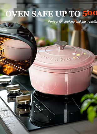 Overmont Enameled Cast Iron Dutch Oven - 7QT Pot with Lid Cookbook & Cotton Potholders - Heavy-Duty Cookware for Braising, Stews, Roasting, Bread Baking pink