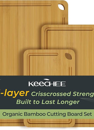 Wood Cutting Board for Kitchen - Reversible Bamboo Cutting Boards Gift Set of 3 with Juice Groove, Wooden Chopping Board for Meat, Fruit, Vegetables & Cheese (Pre Oiled, Natural)