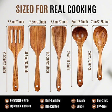 Wooden Spoons for Cooking, Excellent Wooden Kitchen Utensil Set (5pcs)