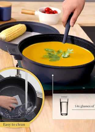 TIBORANG 8 in 1 Multipurpose 11 Inch 5 Quart Heat Indicator Nonstick Deep Frying Pan with Glass Lid, Stay-cool Handle, Steamed Grid, PFOA-Free,Dishwasher&Oven Safe,Works with All Stovetops(Navy Blue)