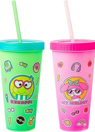 Silver Buffalo Sanrio Hello Kitty and Friends Sticker Design Featuring Kuromi, Keroppi, My Melody, and Hello Kitty 4 Pack Color Changing Plastic Tumbler Set with Glitter Straw, 24 Ounces