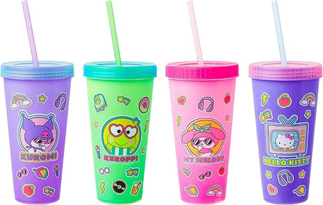 Silver Buffalo Sanrio Hello Kitty and Friends Sticker Design Featuring Kuromi, Keroppi, My Melody, and Hello Kitty 4 Pack Color Changing Plastic Tumbler Set with Glitter Straw, 24 Ounces