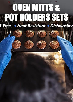 Rorecay 6pcs Oven Mitts and Pot Holders Sets for Kitchen, Extra Long Non-Slip Silicone Oven Gloves Heat Resistant 500 Degrees Potholders Hot Pads for Baking Cooking, Quilted Liner, Lake Blue