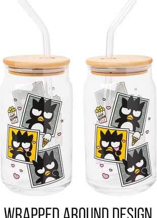 Silver Buffalo Sanrio Hello Kitty and Friends Badtz-Maru Polaroids Glass Jar Tumbler with Bamboo Lid and Glass Straw, 16 Ounces
