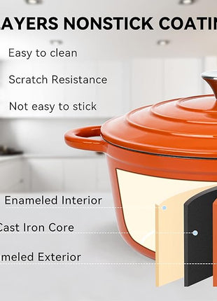 Miereirl 4.5 Quart Enameled Dutch Oven Pot with Lid, Cast Iron Dutch Oven with Dual Handles for Bread Baking, Cooking, Non-stick Enamel Coated Cookware (Orange)